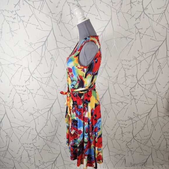 Tristan Colorful Watercolor Floral Stretch Knit Faux Wrap Midi Dress - Picture 3 of 5